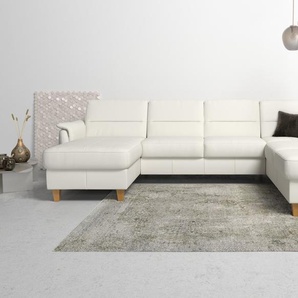 Wohnlandschaft HOME AFFAIRE Palmera U-Form Sofas Gr. B/H/T: 308 cm x 89 cm x 212 cm, NaturLEDER, Ottomane rechts, ohne Bettfunktion-ohne Bettkasten, weiß (reinweiß) Leder-Wohnlandschaft Federkern, wahlweise mit Bettfunktion und mitohne Stauraum