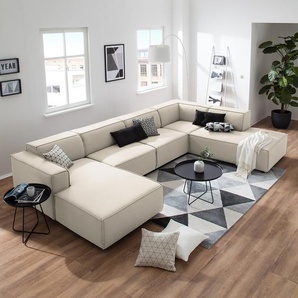 Wohnlandschaft Beige/Altweiß Webstoff Osta 369 x 70 x 234cm Longchair davorstehend links / Ottomane rechts Modern