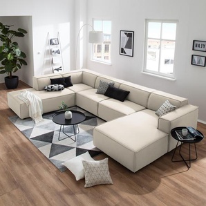 Wohnlandschaft Beige/Altweiß Webstoff Osta 369 x 70 x 234cm Longchair davorstehend rechts / Ottomane links Modern