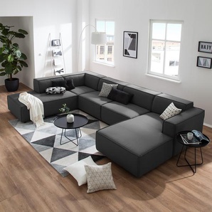 Wohnlandschaft Grau/Anthrazit Webstoff Osta 369 x 70 x 234cm Longchair davorstehend rechts / Ottomane links Modern