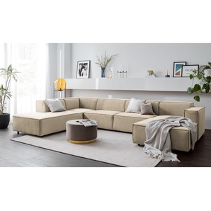 Wohnlandschaft Beige Samt Shyla 369 x 70 x 234cm Longchair davorstehend rechts / Ottomane links Glamour