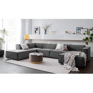 Wohnlandschaft Grau Samt Shyla 369 x 70 x 234cm Longchair davorstehend rechts / Ottomane links Glamour