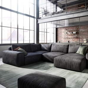 Wohnlandschaft Lanzo 300x210 cm Lederimitat Vintage Anthrazit Recamiere variabel mit Hocker, Wohnlandschaften