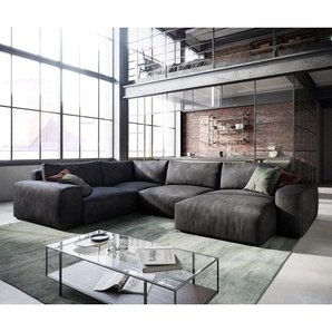 Wohnlandschaft Lanzo 300x210 cm Lederimitat Vintage Anthrazit Recamiere variabel, Wohnlandschaften