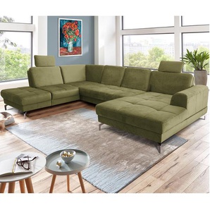 Wohnlandschaft Lascaux Grün Samt Ravi 332 x 87 x 227cm Longchair davorstehend rechts / Ottomane links Modern