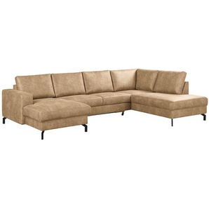 Wohnlandschaft Le Vivier Beige/Creme Microfaser 305 x 85 x 200cm Longchair davorstehend links / Ottomane rechts Modern