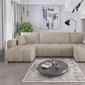 Wohnlandschaft mit Schlaffunktion DAGNY Sofa U-Form in Stoff Cosmic Beige