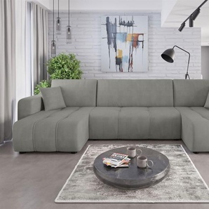 Wohnlandschaft mit Schlaffunktion DAGNY Sofa U-Form in Stoff Cosmic Hellgrau