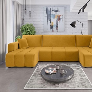 Wohnlandschaft mit Schlaffunktion DAGNY Sofa U-Form in Stoff Kronos Senfgelb