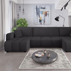 Wohnlandschaft mit Schlaffunktion DAGNY Sofa U-Form in Stoff Poso Schwarz