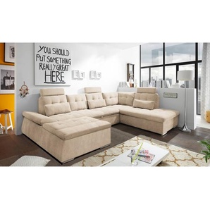 Wohnlandschaft Puntiro Beige/Beige Microfaser Ranu 324 x 107 x 218cm Longchair davorstehend links / Ottomane rechts Modern