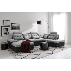 Wohnlandschaft Puntiro Grau/Schwarz/Platin KunstlederLilo / Strukturstoff Satur 324 x 107 x 218cm Longchair davorstehend links / Ottomane