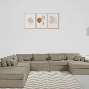 Wohnlandschaft RAUM.ID Enid Sofas Gr. B/H: 460 cm x 75 cm, Struktur (recyceltes Polyester), Ottomane rechts, grau (taupe) Wohnlandschaften