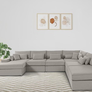 Wohnlandschaft RAUM.ID Enid U-Form Sofas Gr. B/H: 460 cm x 75 cm, Struktur (recyceltes Polyester), Ottomane links, beige Wohnlandschaften