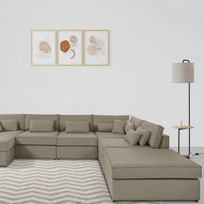 Wohnlandschaft RAUM.ID Enid U-Form Sofas Gr. B/H: 460 cm x 75 cm, Struktur (recyceltes Polyester), Ottomane links, grau (taupe) Wohnlandschaften