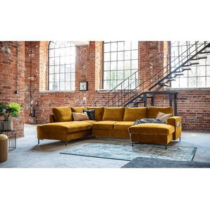 Wohnlandschaft Gelb/Vintage Braun Samt Krysia 303 x 84 x 197cm Longchair davorstehend rechts / Ottomane links mit Schlaffunktion
