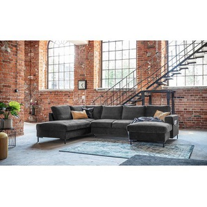 Wohnlandschaft Grau/Vintage Braun Samt Krysia 303 x 84 x 197cm Longchair davorstehend rechts / Ottomane links mit Schlaffunktion