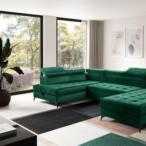 Wohnlandschaft Schlafsofa AGNESA Stoff Salvador Dunkelgrün Ottomane Rechts