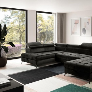 Wohnlandschaft Schlafsofa AGNESA Stoff Salvador Schwarz Ottomane Rechts
