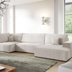Wohnlandschaft Schlafsofa CORUNIA Stoff Poso Altweiß Ottomane Rechts