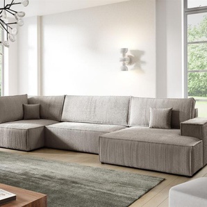 Wohnlandschaft Schlafsofa CORUNIA Stoff Poso Hellbraun Ottomane Rechts