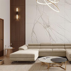 Wohnlandschaft Schlafsofa Sofa CARMELO in Stoff Nova Beige Ottomane Links