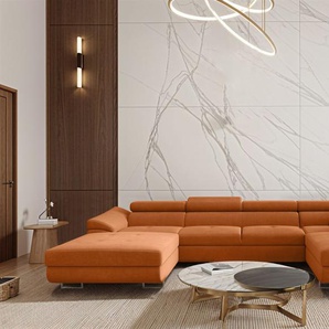Wohnlandschaft Schlafsofa Sofa CARMELO in Stoff Nova Orange Ottomane Links