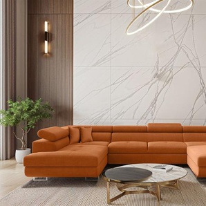Wohnlandschaft Schlafsofa Sofa CARMELO in Stoff Nova Orange Ottomane Rechts