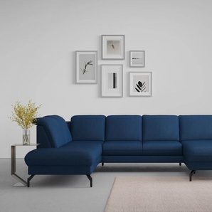 Wohnlandschaft SIT&MORE Fashion U-Form Sofas Gr. B/H/T: 338 cm x 84 cm x 207 cm, Soft clean, Ottomane links, ohne Kopfteilverstellung-ohne Vorziehsitz, blau Wohnlandschaften
