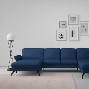 Wohnlandschaft SIT&MORE Fashion U-Form Sofas Gr. B/H/T: 338 cm x 84 cm x 207 cm, Soft clean, Ottomane rechts, mit Kopfteilverstellung, blau Wohnlandschaften