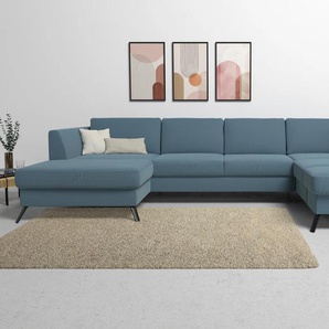Wohnlandschaft SIT&MORE Olsen U-Form Sofas Gr. B/H/T: 335 cm x 88 cm x 201 cm, Flachgewebe, Ottomane rechts, mit Bettfunktion-mit Stauraum-mit Sitztiefenverstellung, blau (pacific) Wohnlandschaften