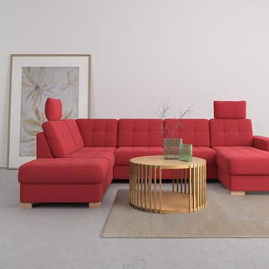 Wohnlandschaft SIT&MORE Quincy U-Form Sofas Gr. B/H/T: 312 cm x 82 cm x 213 cm, Lu x us-Microfaser, Ottomane links, mit Bettfunktion-mit Bettkasten, rot Wohnlandschaften