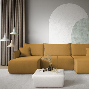 Wohnlandschaft Sofa mit Schlaffunktion CALGARY Stoff Curio Senfgelb