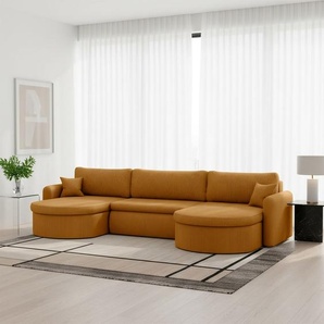 Wohnlandschaft Sofa mit Schlaffunktion FELIZ Stoff Poso Senfgelb