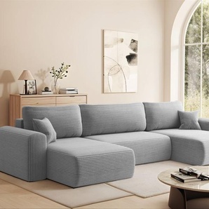 Wohnlandschaft Sofa mit Schlaffunktion FLORA Stoff Poso Hellgrau