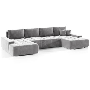 Wohnlandschaft Sofa mit Schlaffunktion VOGAR Stoff Monolith Hellgrau