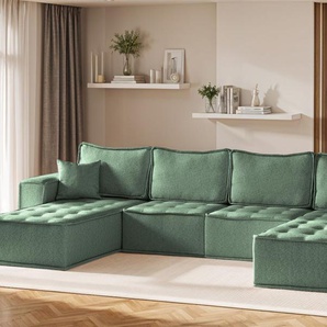 Wohnlandschaft Sofa U-Form Modulsofa-Set 4-teilig SANDE Stoff Raven Flaschengrün