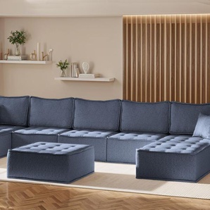 Wohnlandschaft Sofa U-Form Modulsofa-Set 6-teilig SANDE Stoff Raven Blau