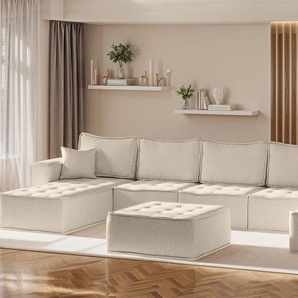 Wohnlandschaft Sofa U-Form Modulsofa-Set 6-teilig SANDE Stoff Raven Creme