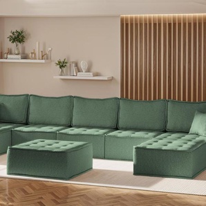 Wohnlandschaft Sofa U-Form Modulsofa-Set 6-teilig SANDE Stoff Raven Flaschengrün