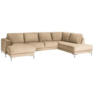 Wohnlandschaft Webstoff Beige Samt Vaia 301 x 82 x 200cm Longchair davorstehend links / Ottomane rechts Modern