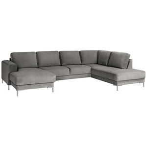 Wohnlandschaft Webstoff Grau Samt Vaia 301 x 82 x 200cm Longchair davorstehend links / Ottomane rechts Modern