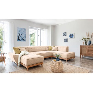 Wohnlandschaft Surribas Beige Webstoff Lark 328 x 77 x 190cm Longchair davorstehend links / Ottomane rechts Skandi