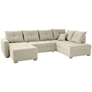 Wohnlandschaft U-Form Sofa groß Schlaffunktion Couch Bettkasten Cord Beige Grau / 15218