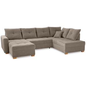 Wohnlandschaft U-Form Sofa groß Schlaffunktion Couch Bettkasten Cord Braun Taupe / 15219