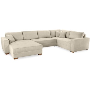 Wohnlandschaft U-Form Sofa Schlaffunktion Couch Bettkasten Cord in Grau Beige / 15200