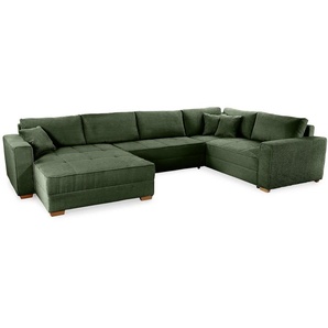 Wohnlandschaft U-Form Sofa Schlaffunktion Couch Bettkasten Cord in Grün / 15199