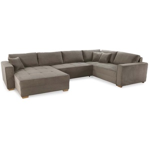 Wohnlandschaft U-Form Sofa Schlaffunktion Couch Bettkasten in Cord Braun Taupe / 15197