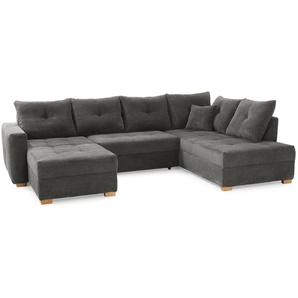 Wohnlandschaft U-Sofa groß Schlaffunktion Couch Bettkasten Cord Grau Anthrazit / 15220