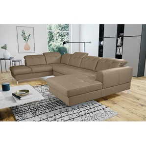 Wohnlandschaft Braun/Taupe Echtleder Mabra 338 x 108 x 219cm Longchair davorstehend rechts / Ottomane links Modern